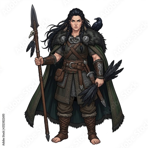 Powerful Irish goddess The Morrigan standing with a spear and a crow on her shoulder