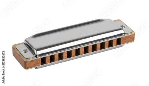 Foto Close-up of a shiny chrome harmonica with wooden comb and visible reeds