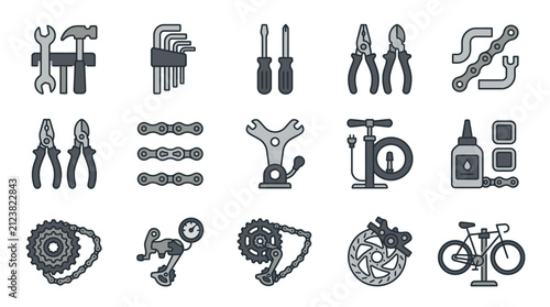 Fotografía Collection of various tools and mechanical parts icons.