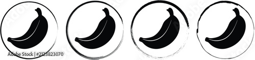 Four circular featuring a black silhouette of a pair of bananas, set against a white background, with varied ink, brush style, frame borders