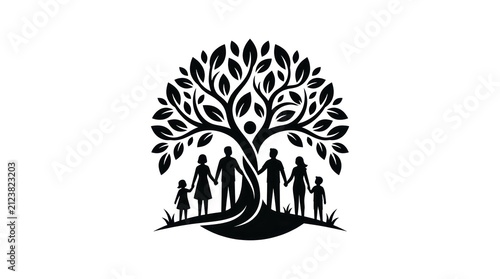 Generational family tree symbol with silhouetted figures and leaves