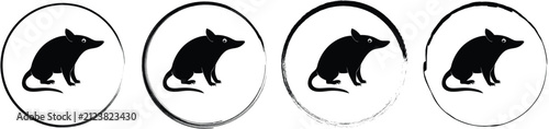 Four circular featuring a black silhouette of a rat or small rodent, set against a white background, with varied ink, brush style borders