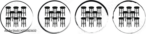 Four circular featuring a black silhouette of a group of bar stools, set against a white background, with varied ink, brush style borders