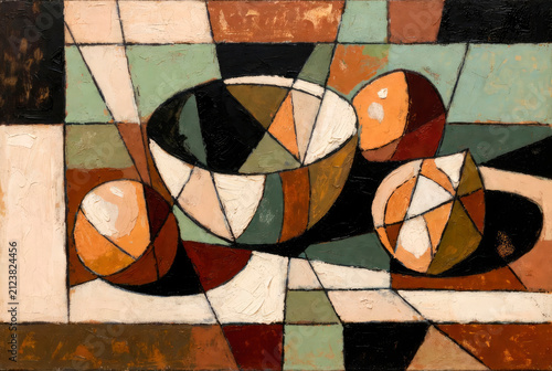 Cubist-style still life with vases and fruit