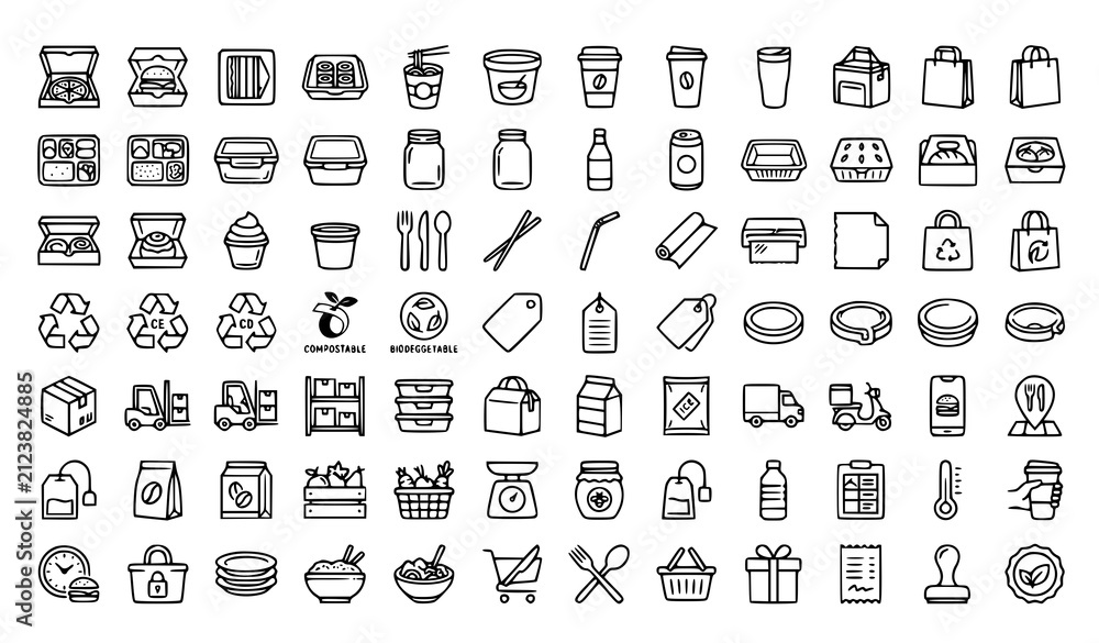 Fototapeta premium Food Packaging and Storage Icons Editable Stroke Vector Pack