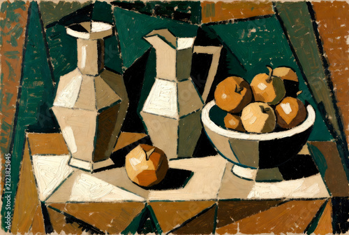 Cubist-style still life with vases and fruit