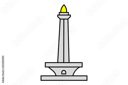 A simple 2D vector cartoon illustration of the National Monument of Indonesia , set against a plain white background.