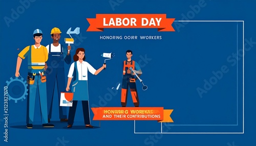 Labor Day poster with diverse workers and banners.