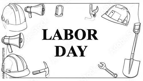 Labor Day banner with tools and bold text.