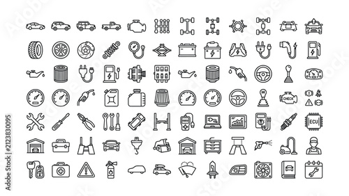 Comprehensive collection of automotive service and repair line icons representing various car maintenance tasks and vehicle parts in a modern outline style for web design