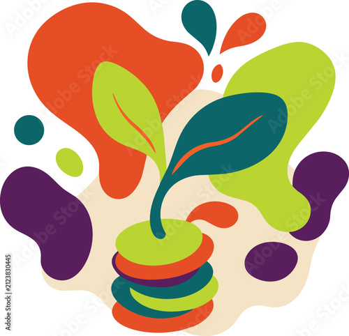 Plant Growing Coin Stack Leaf Financial Growth Abstract Organic Blob Shape Business Investment Wealth Concept Flat Design Illustration Vector Icon Minimal Style Modern Bold Colorful