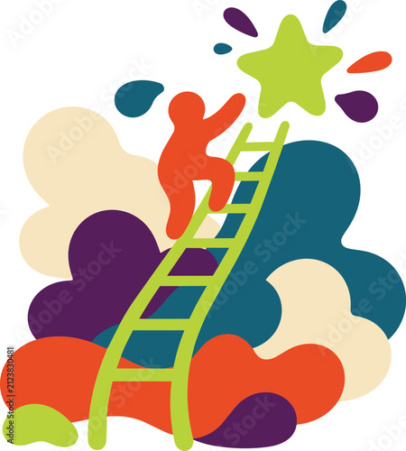 Ladder Climbing Star Cloud Career Growth Abstract Organic Blob Shape Business Ambition Success Aspiration Flat Design Illustration Vector Icon Minimal Style Modern Bold Colorful