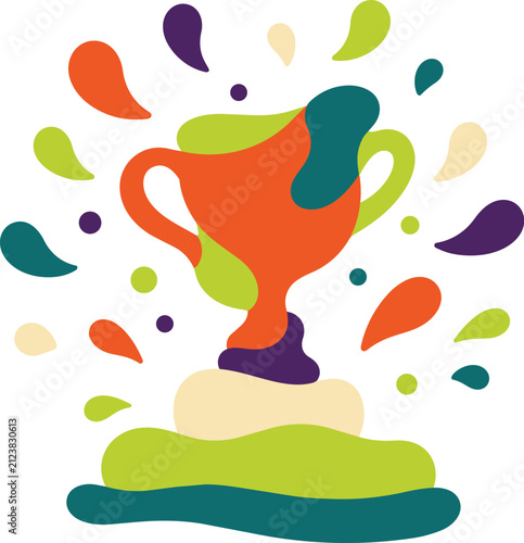 Trophy Podium Confetti Burst Winner Abstract Organic Blob Shape Business Achievement Success Award Concept Flat Design Illustration Vector Icon Minimal Style Modern Bold Colorful