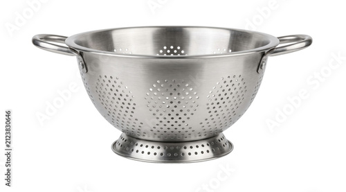 Fotografie Stainless steel colander with handles and perforated bowl for draining food