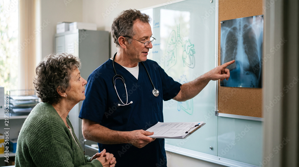 Fototapeta premium Doctor Explaining Medical Xray Results to Senior Patient During Consultation PNG