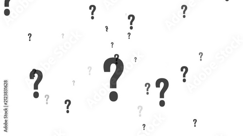 Numerous question marks floating in abstract motion against stark black bars symbolizing confusion and uncertainty