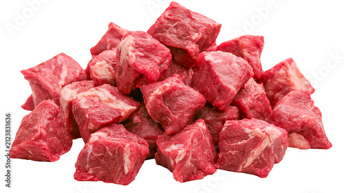 Fotografía Pile of raw beef stew cubes with visible fat marbling, isolated on transparent b