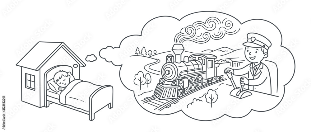 Obraz premium Little Boy Sleeping and Dreaming of Driving a Steam Train Illustration