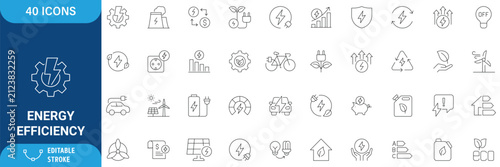 Energy efficiency icon set. Containing energy saving, sustainability, electricity, consumption, house, reduction, lightning and more. Editable stroke. Outline Icon Collection. Vector illustration.