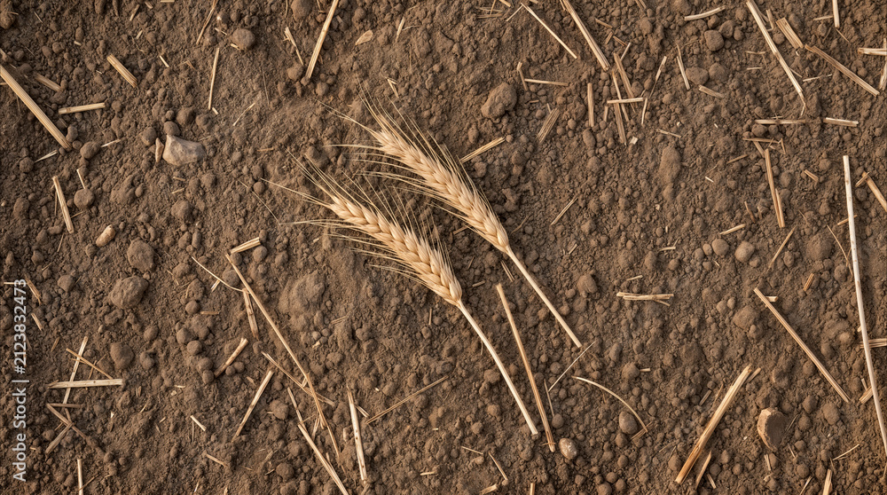 Obraz premium Wheat ears lying on dry soil after harvest. Agricultural field ground with crop residue and stalks.