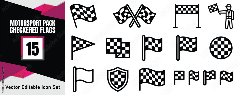 Fototapeta premium Set of fifteen black and white motorsport checkered flag icons for racing competition and victory celebration design elements