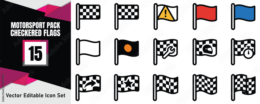 Fototapeta premium Set of fifteen different motorsport racing flags including checkered flags and various colored signal flags for race tracks