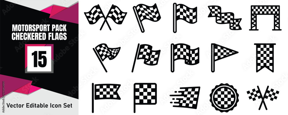 Fototapeta premium Set of fifteen black and white checkered racing flag icons for motorsport events and competition design elements