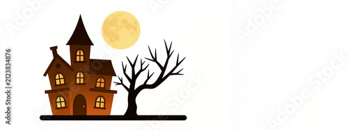 A charming cartoon haunted house with glowing windows stands under a bright full moon, accompanied by a spooky leafless tree. Perfect for Halloween designs and festive autumn themes