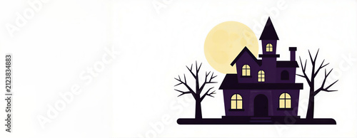 A whimsical yet spooky Halloween illustration featuring a haunted house, full moon, and bare trees. Ideal for festive autumn designs, invitations, or seasonal marketing