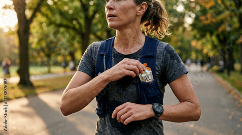 Mid run athlete reaching for an energy gel from a running vest on a tree lined park path with smartwatch and sweat damp shirt.