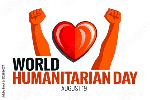 World Humanitarian Day graphic with raised fists. Charity event poster with red heart symbol.