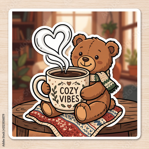 Cozy vibes teddy bear with coffee mug icon, cute stuffed bear hugging warm drink, and national teddy bear day decal design. Simple flat vector illustration.