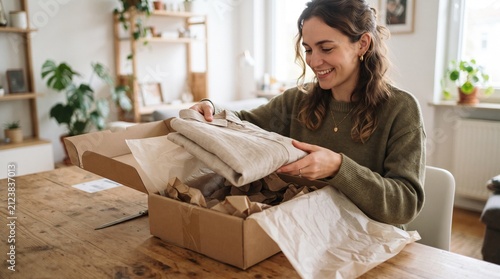 Smiling woman happily unboxing a new linen shirt from a cardboard package at a wooden table