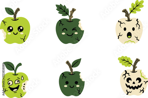 Bild auf Leinwand Set of cute and spooky cartoon apple characters with various facial expressions