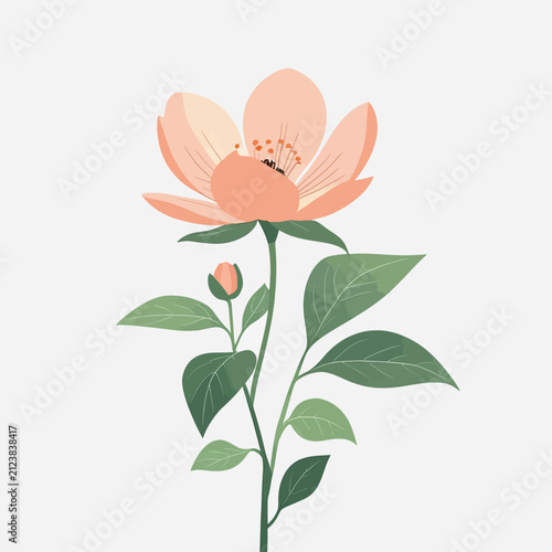 Elegant Soft Pink Flower Illustration with Green Leaves.