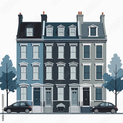 Elegant Victorian Townhouses with Classic Architecture and Street View.