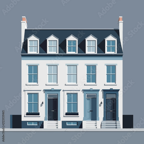 Elegant White Victorian Townhouse with Blue Accents and Multiple Windows.