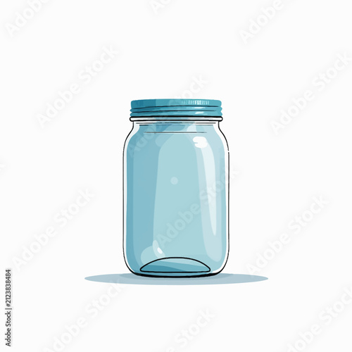Empty Blue Glass Mason Jar with Lid on White Background.