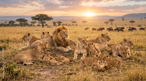 Majestic lion pride resting together amidst vast golden savanna grassland during a warm vibrant sunset with lions resting peacefully grass savanna landscape