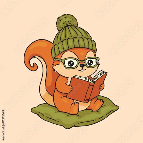 Cute Squirrel Reading a Book Wearing a Winter Beanie