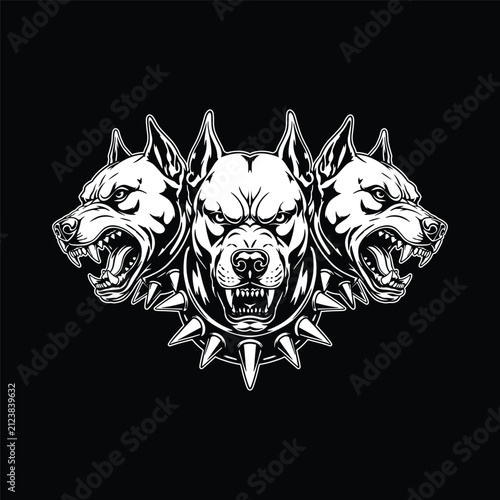Cerberus Three Headed Dog with Spiked Collar Illustration