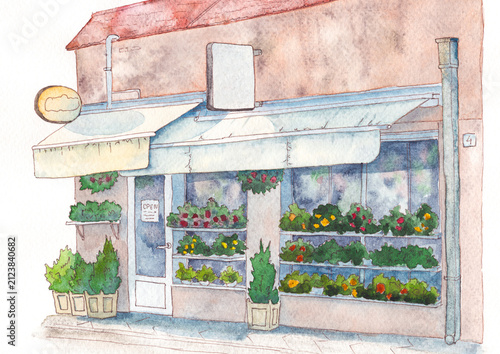 Watercolor illustration of a charming flower shop with colorful potted plants and flowers. Hand painted European storefront for travel, branding, stationery and editorial use.