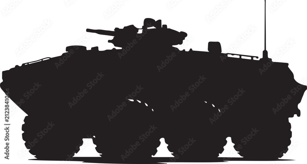 Obraz premium Amphibious Assault Vehicle A rugged, black amphibious assault vehicle with oversized tires and a formidable design, ready for any terrain silhouette vector