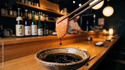 Chopsticks Holding Salmon Sashimi over Soy Sauce Bowl