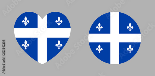 Flag of Quebec province of Canada heart, circle button, badge. Set of Quebec flag round, heart icon, sticker. Flag of region Quebec banner, background.