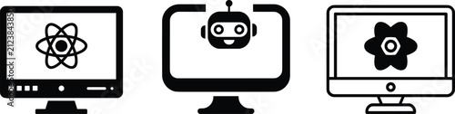 PrintArtificial Intelligence Computer Monitor Icons Set Featuring AI Interface, Chatbot Display and Technology Screen Symbols