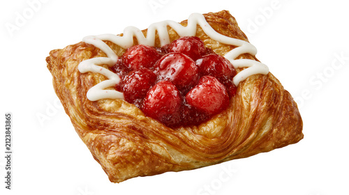 Foto Golden brown flaky pastry danish with red cherry filling and white icing, isolat