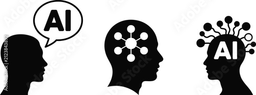 PrintArtificial Intelligence Human Head Icons Set Featuring AI Communication, Neural Network and Digital Brain Technology Concepts