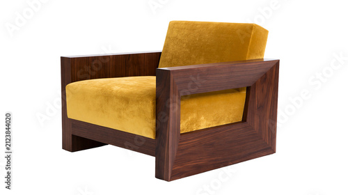Foto Modern armchair with dark wood frame and plush yellow velvet upholstery, isolate
