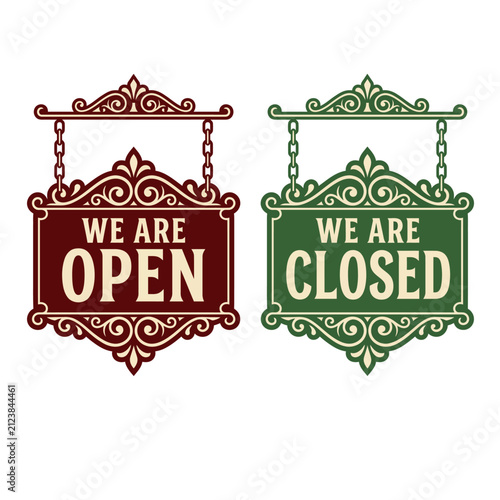 Vintage ornamental open and closed hanging business signs